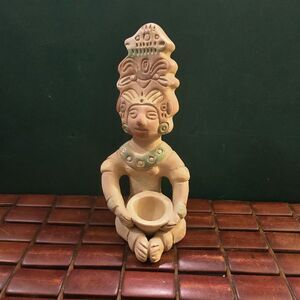 Vintage Mayan Clay Idol Sculpture w/ Offering Bowl 8.5"x4"x4"